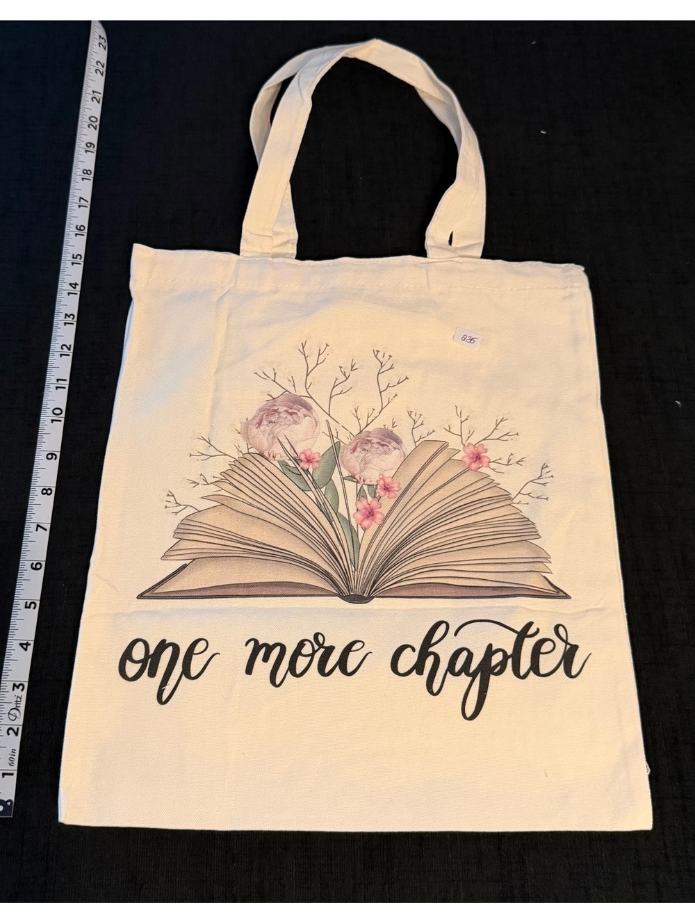 Canvas Tote Bag with Book and Floral Design, "One More Chapter" Print